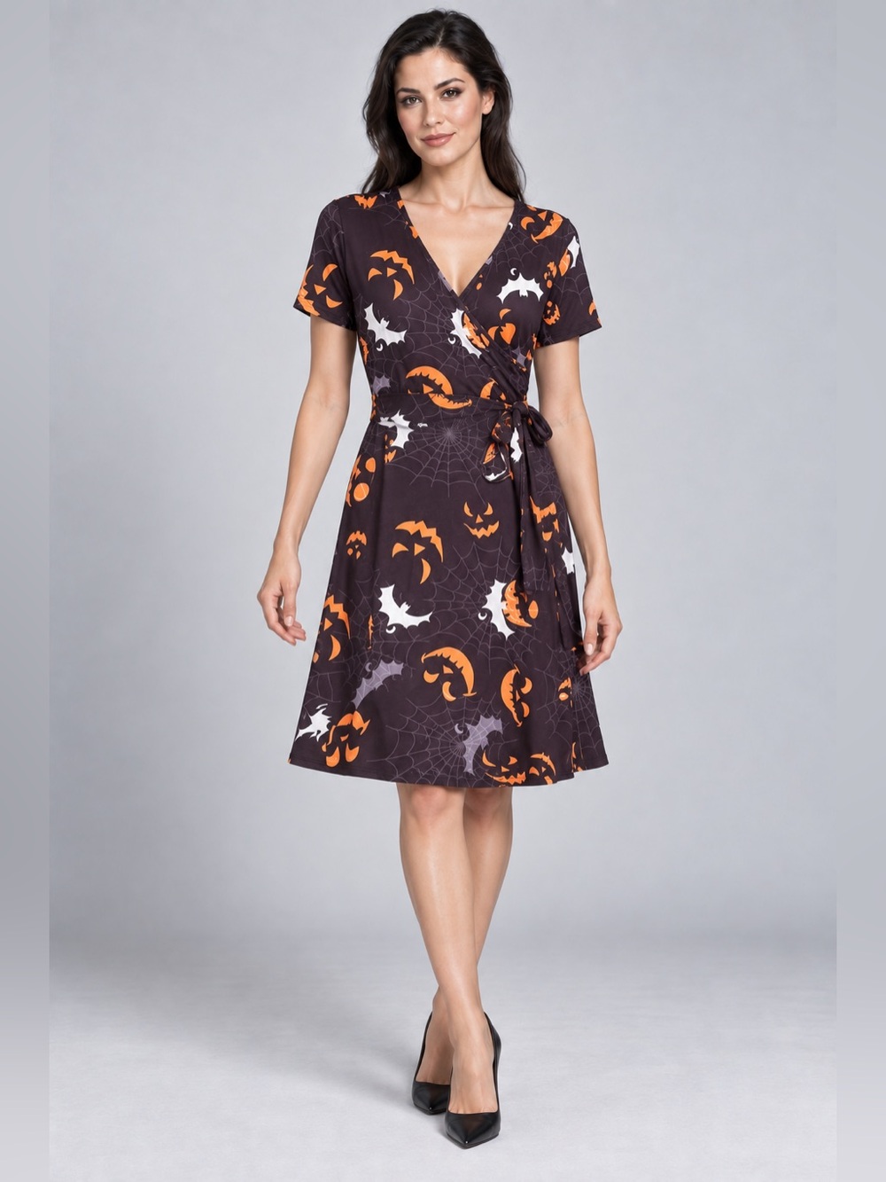 Women’s Black Halloween Wrap Dress with Orange & White Print